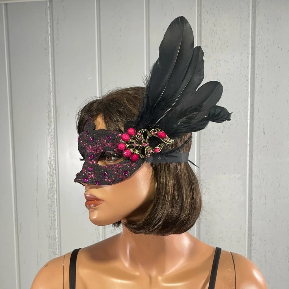 **Custom Masquerade Mask Pink Black Lace Halloween Costume